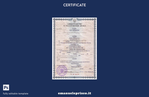 modello di certificato di divorzio in stile verificato Russia (Orenburg).